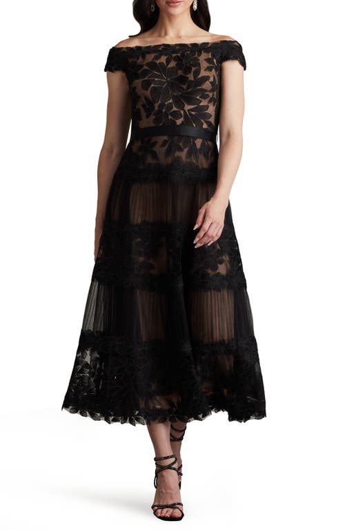 Tadashi Shoji Embroidered Off the Shoulder Midi Dress in Black/Nude 