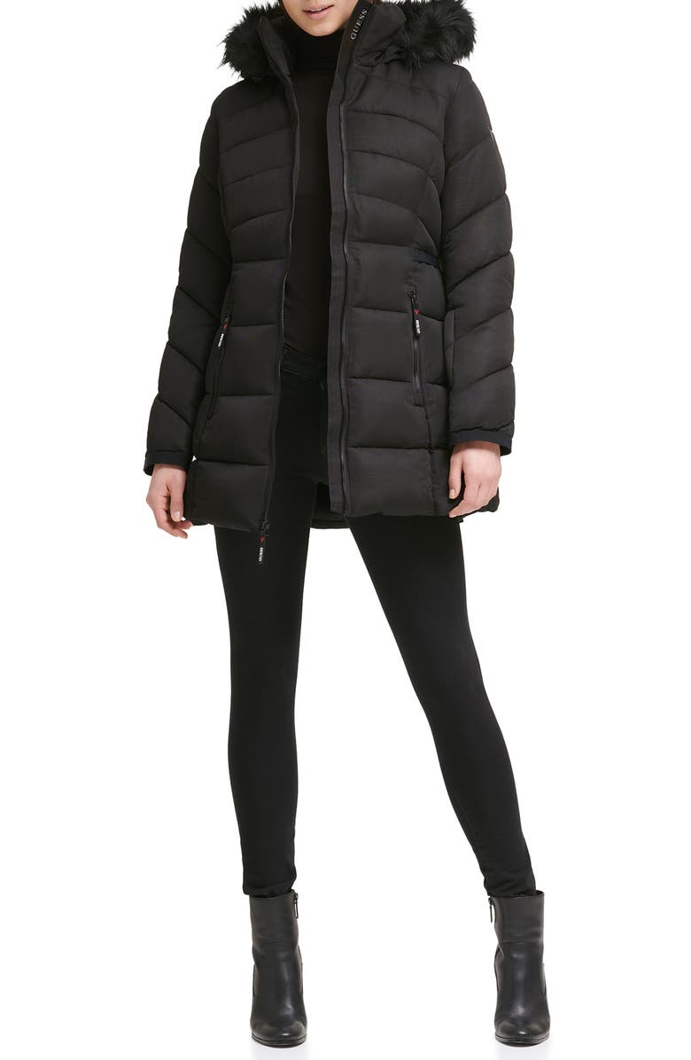 GUESS Faux Fur Trim Hooded Puffer Jacket, Alternate, color, 