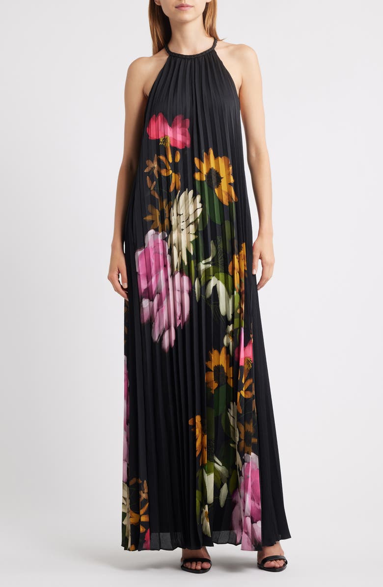 KOBI HALPERIN Leona Placed Floral Pleated Maxi Dress, Main, color, Black Multi