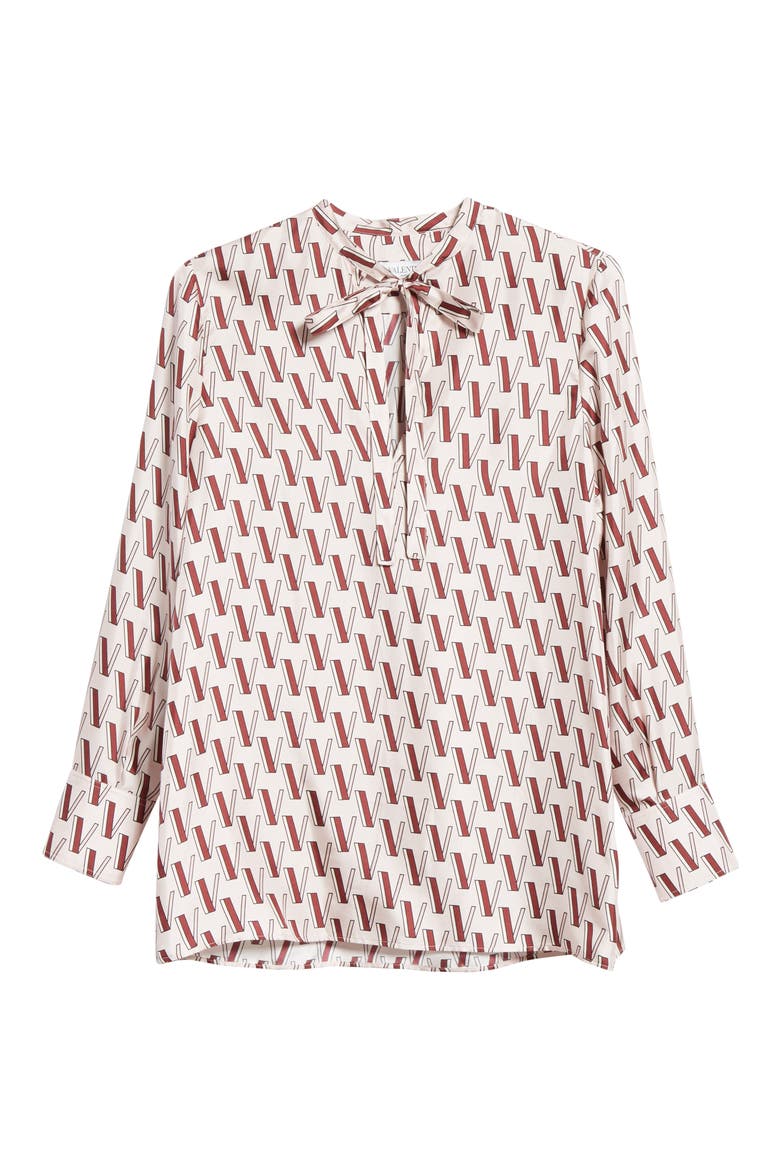 V-Print Tie Neck Silk Twill Blouse, Alternate, color, POUDRE