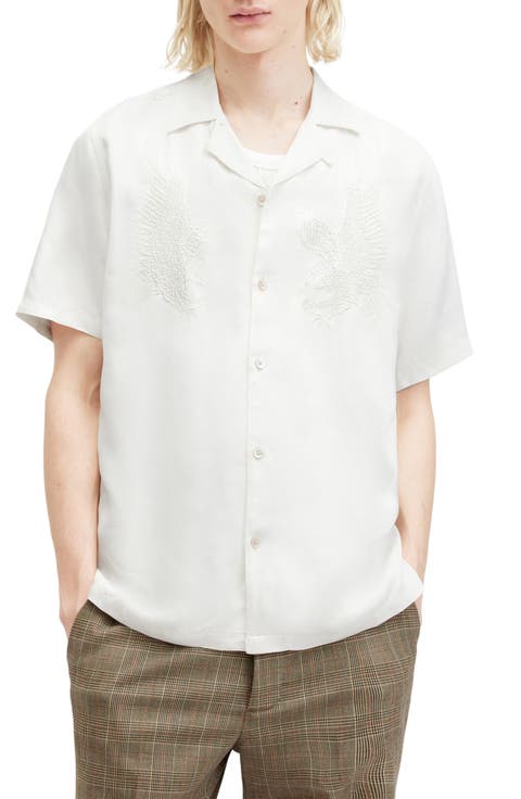 Aquila Embroidered Eagle Convertible Collar Camp Shirt