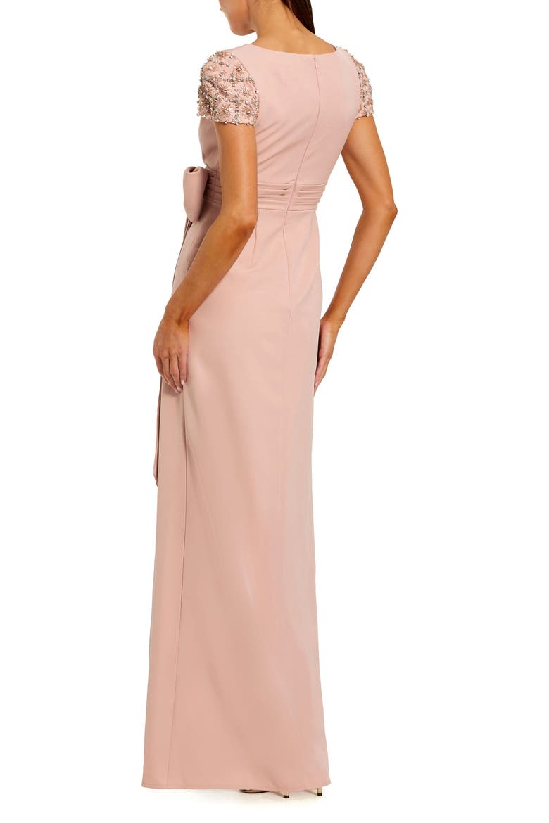 Beaded Cap Sleeve Crepe Gown With Bow and Slit, Alternate, color, Dusty Rose