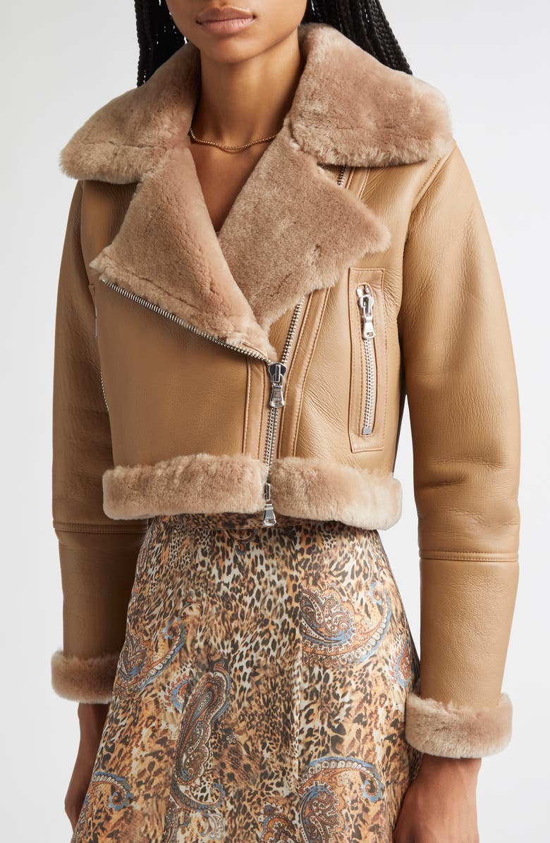 L'AGENCE Pike Leather & Genuine Shearling Crop Jacket, Alternate, color, Chanterelle