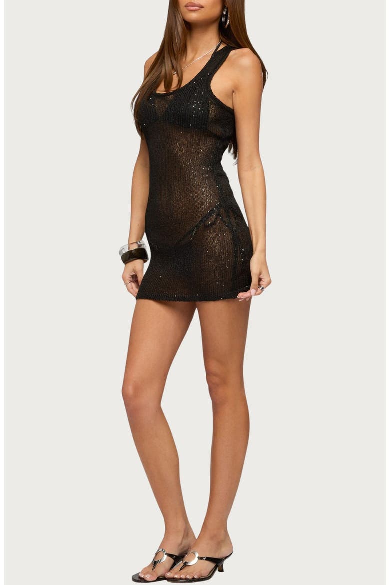 Xaya Squin Sheer Knit MInidress, Alternate, color, BLACK