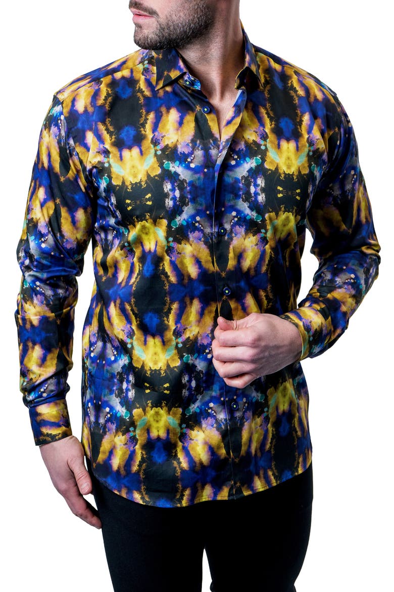 Fibonacci Tie Dye Trip Button-Up Shirt, Main, color, BLUE