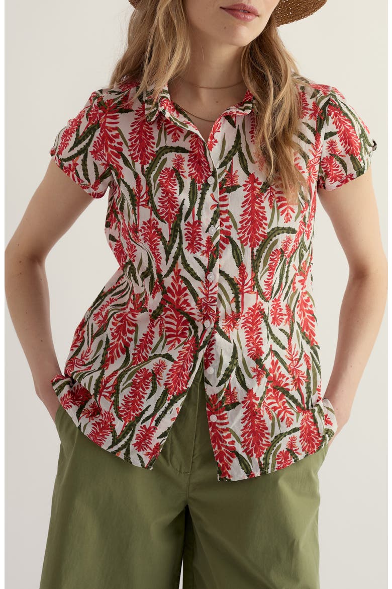 Rushmaker Floral Organic Cotton Voile Button-Up Shirt, Main, color, RED HOT POKER CHALK