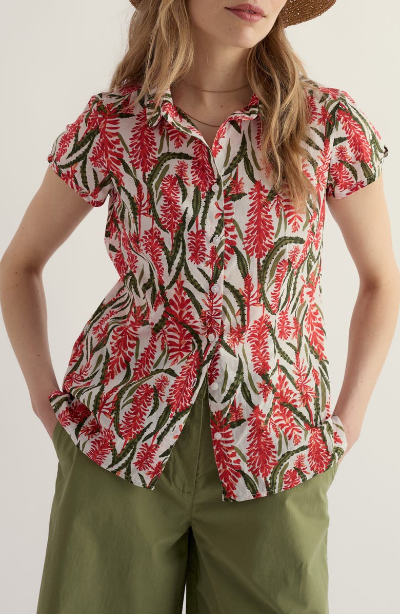 Seasalt Cornwall Rushmaker Floral Organic Cotton Voile Button-Up Shirt, Main, color, Red Hot Poker Chalk