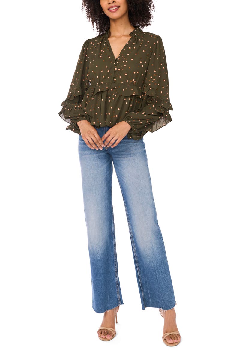 Ruffle V-Neck Button Top, Alternate, color, FOREST NIGHT