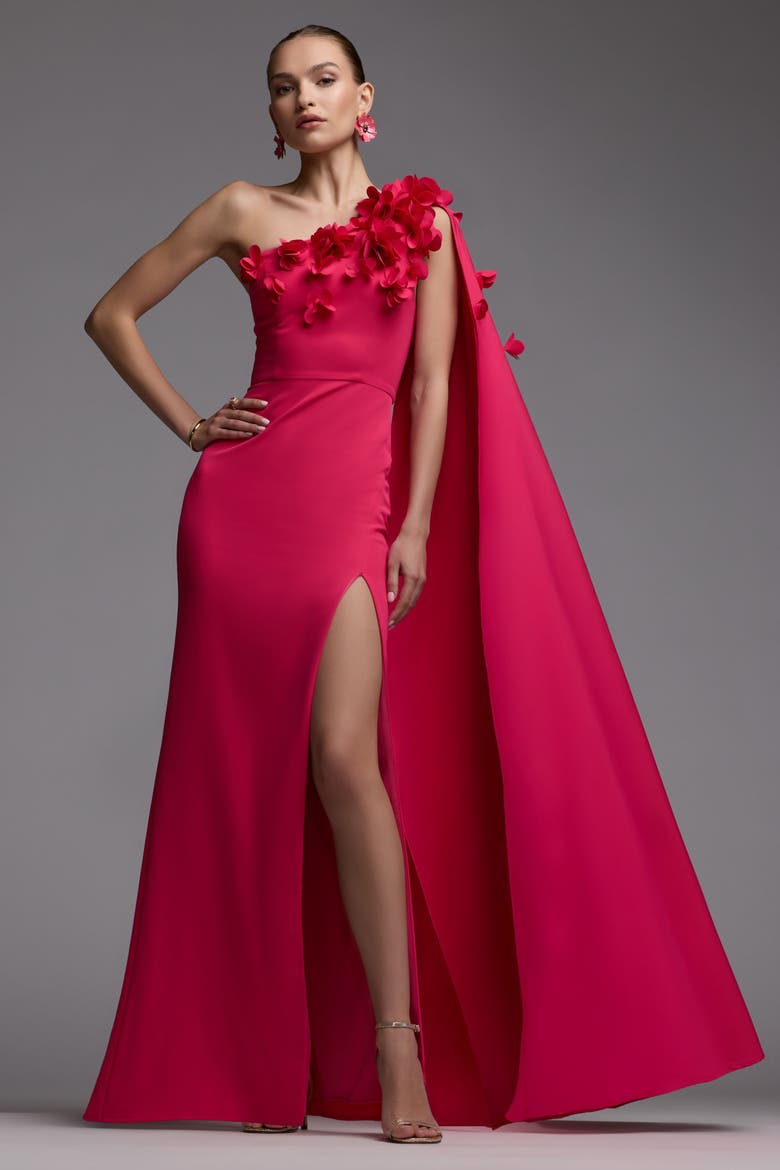Crepe One Shoulder Column Gown With Flowers, Alternate, color, Hot Pink