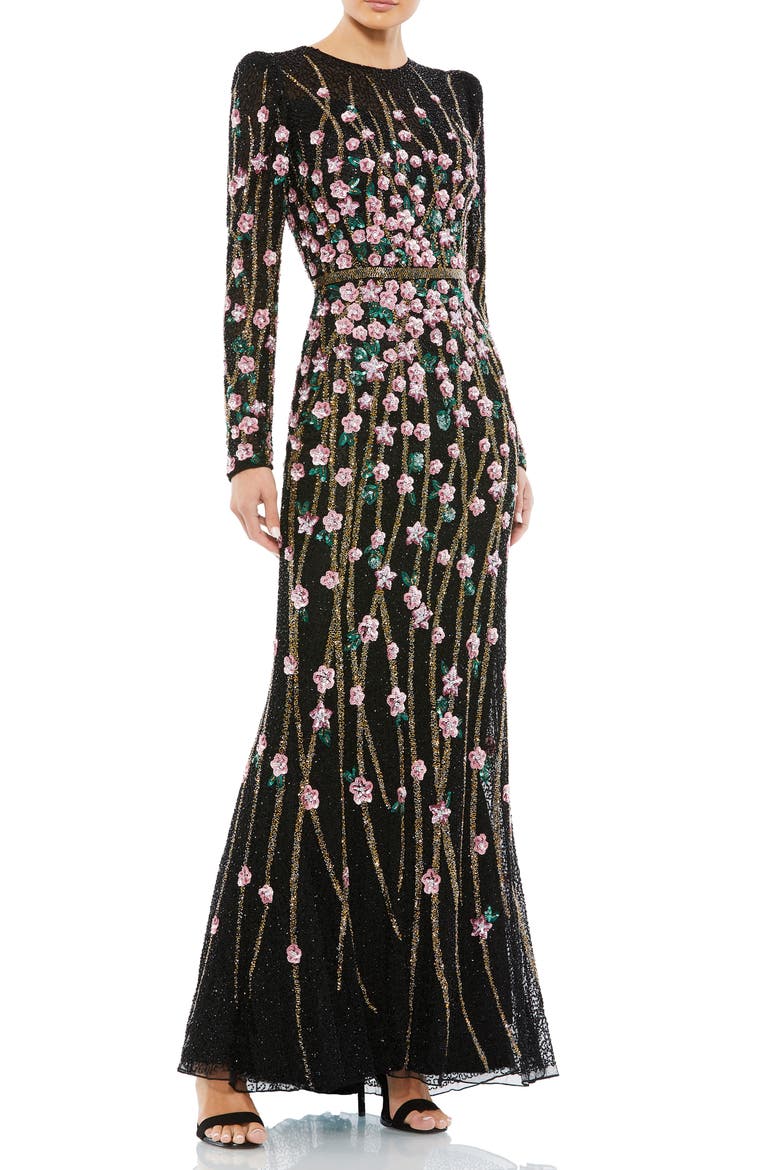 Floral Embellished Mesh Gown with High Neck & Sheer Long Sleeves, Main, color, BLACK MULTI