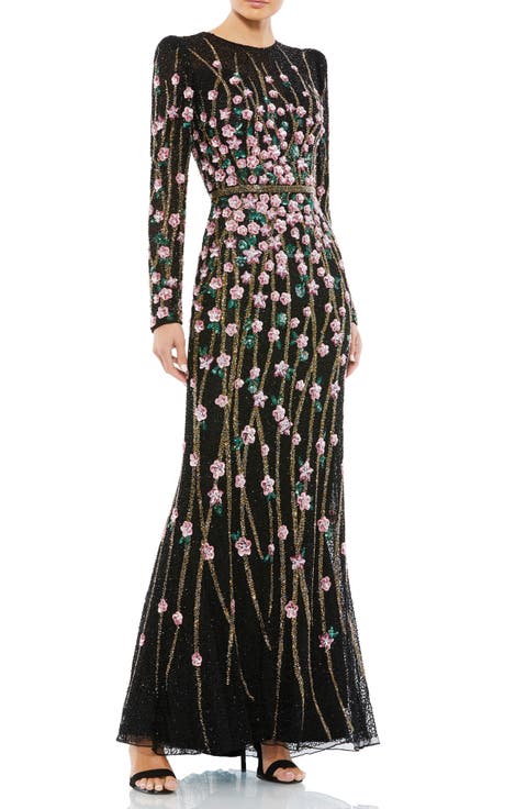 Floral Embellished Mesh Gown with High Neck & Sheer Long Sleeves
