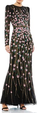 Mac Duggal Floral Embellished Mesh Gown with High Neck & Sheer Long Sleeves