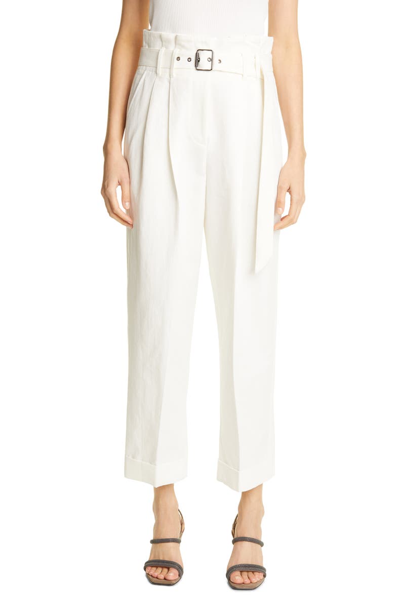 Brunello Cucinelli Paperbag Waist Pleated Cotton & Linen Pants, Main, color,
