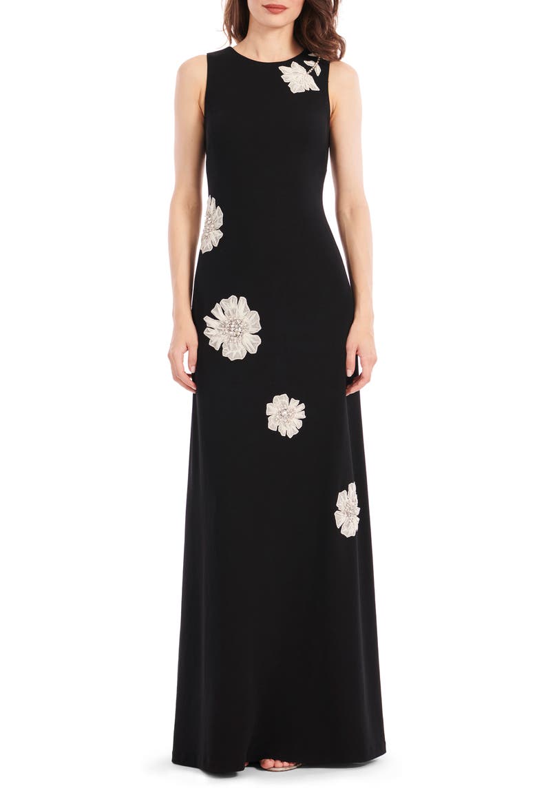 Floral Appliqué Embellished Crepe Gown, Main, color, BLACK