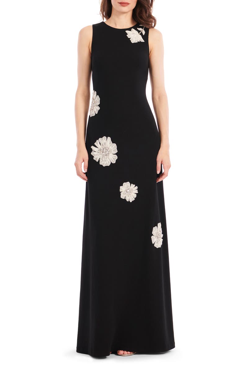 EMILY SHALANT Floral Appliqué Embellished Crepe Gown, Main, color, Black