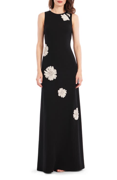 Floral Appliqué Embellished Crepe Gown