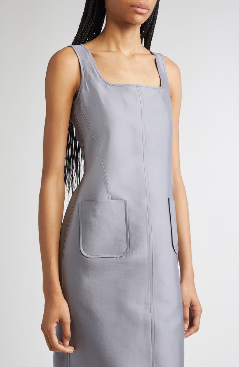 Thom Browne Square Neck Wool & Silk Midi Dress, Alternate, color, Medium Grey