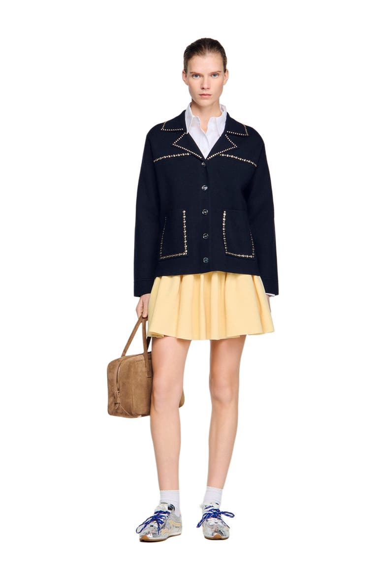 Studded blazer collar cardigan, Alternate, color, Navy blue
