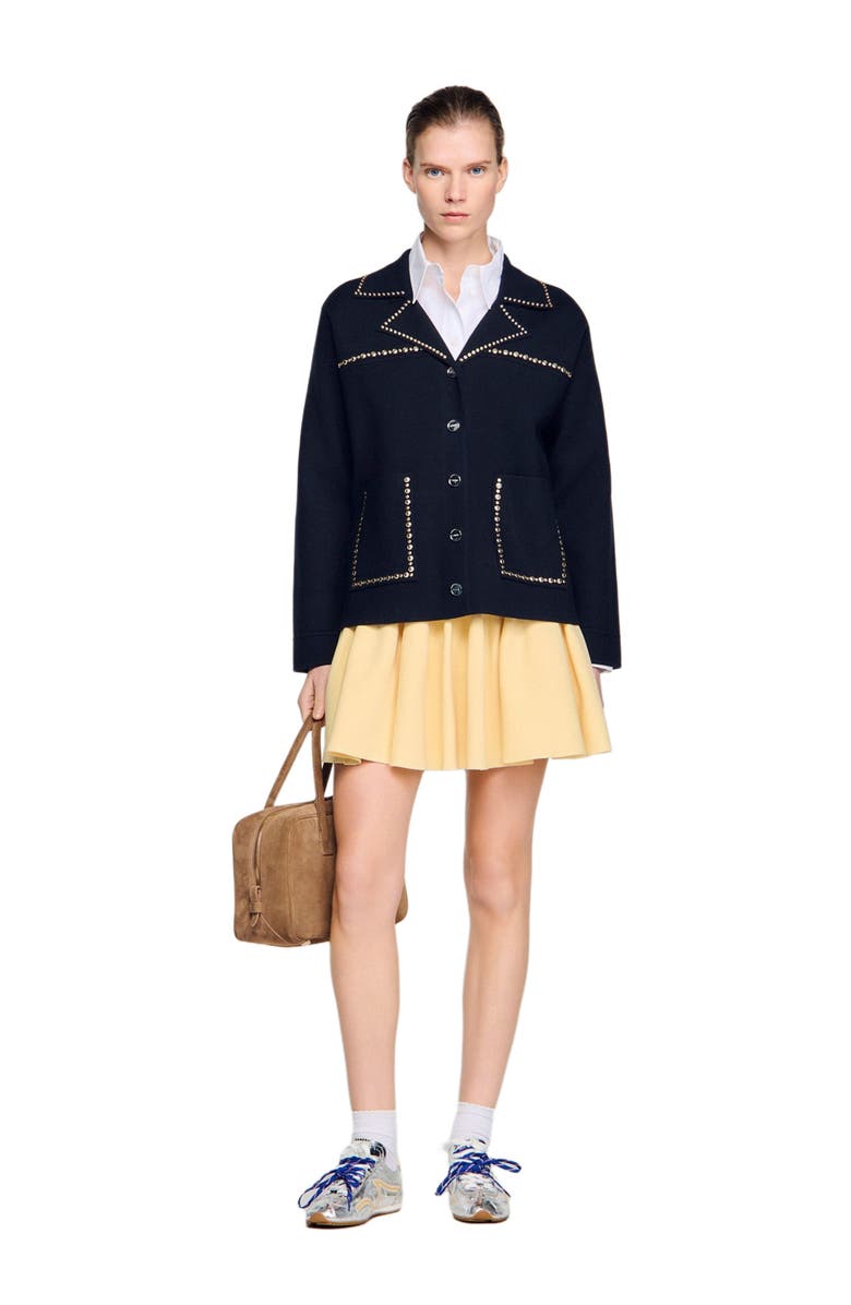 SANDRO Studded blazer collar cardigan, Alternate, color, Navy Blue