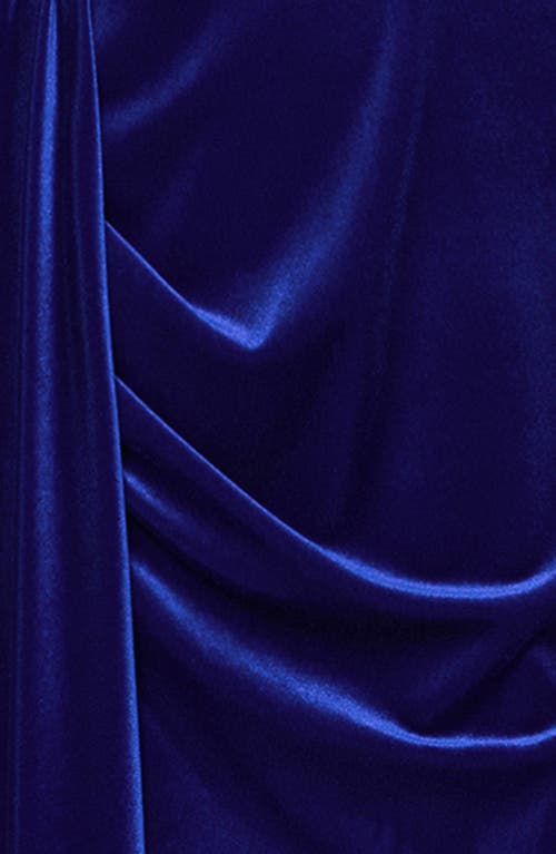 Blondie Nites Drape Strapless Velvet Gown In Blue
