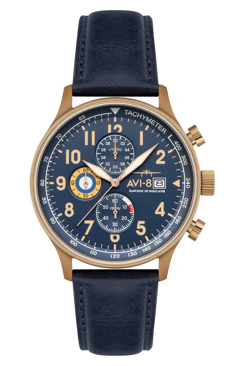 Hawker Hurricane Classic Chronograph Leather Strap Watch, 44mm, Main, color, BLUE