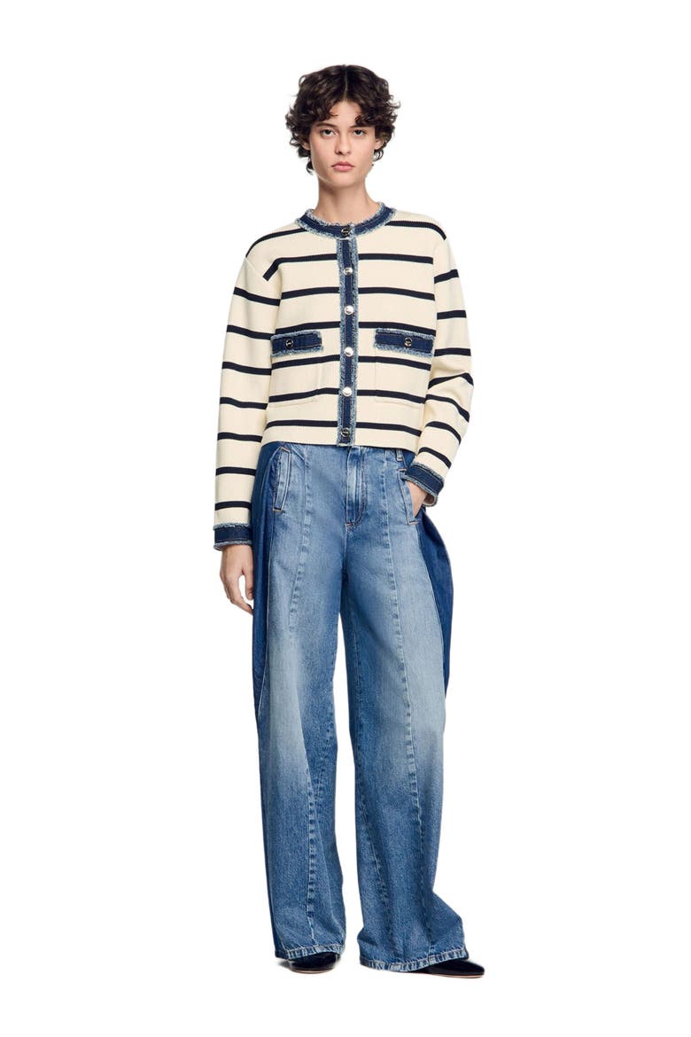 Stripy cardigan with denim details, Alternate, color, Ecru