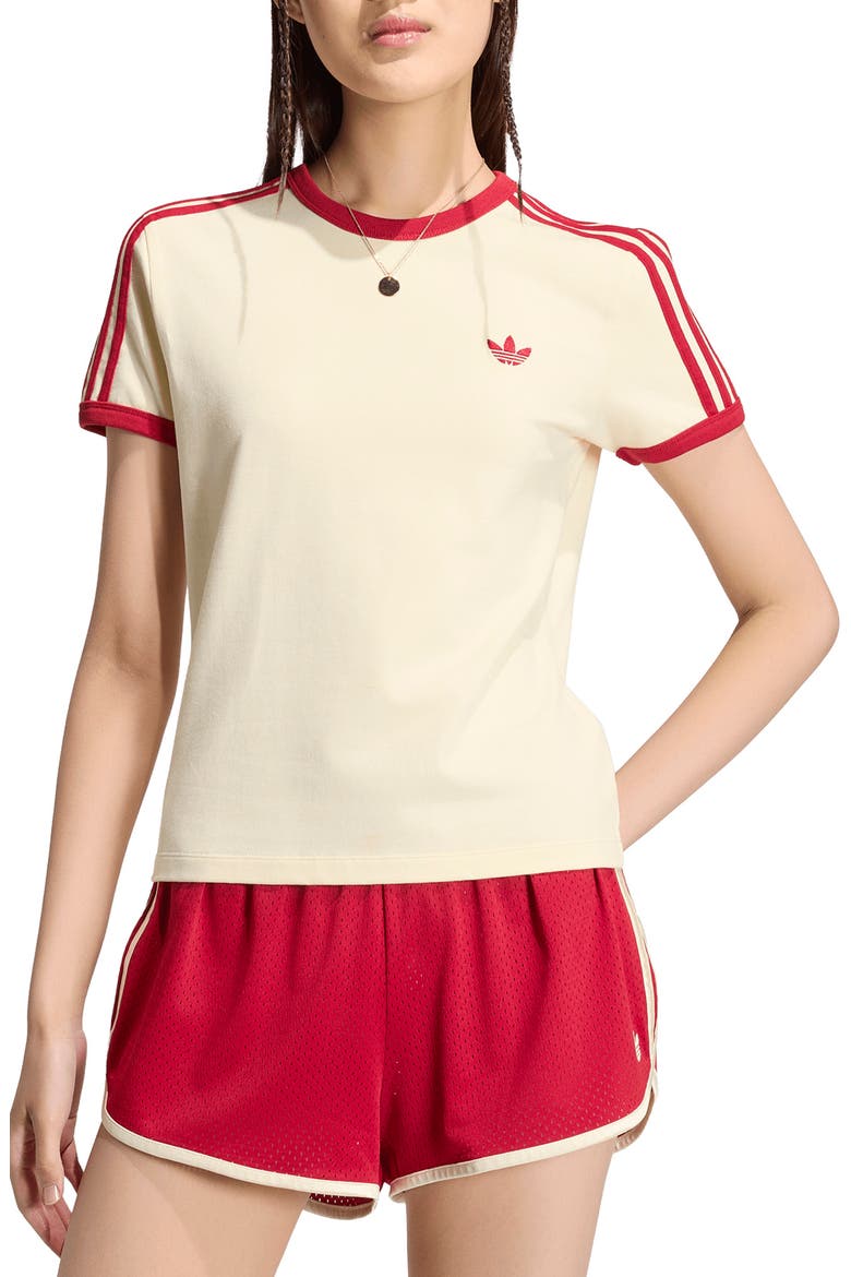 3-Stripes Slim Fit T-Shirt, Main, color, WARM VANILLA/ TEAM VICTORY RED