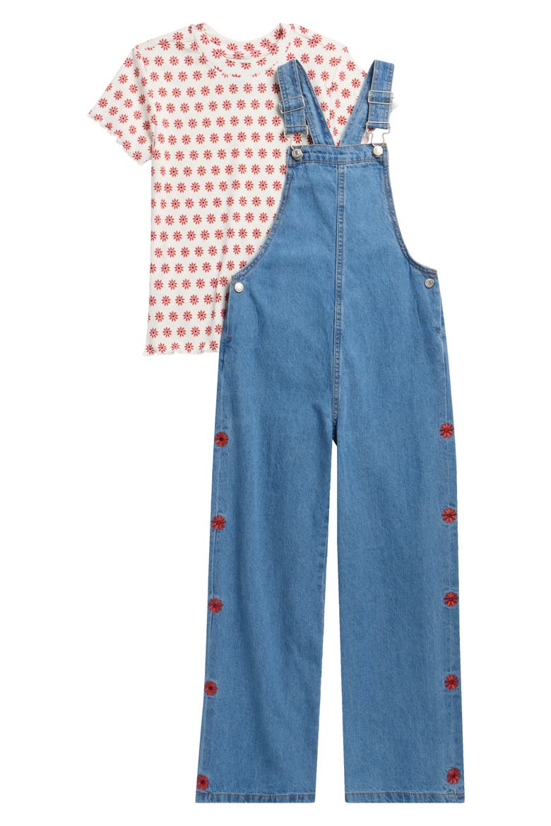Kids' 2-Piece Wide Leg Embroidered Denim Overall & T-Shirt Set, Main, color, MEDIUM BLUE