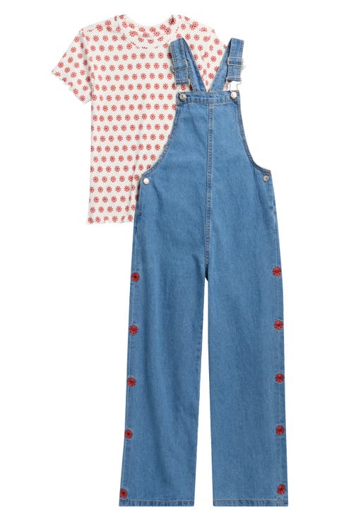 Kids' 2-Piece Wide Leg Embroidered Denim Overall & T-Shirt Set