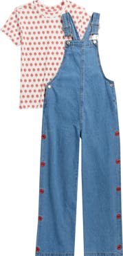 7 For All Mankind Kids' 2-Piece Wide Leg Embroidered Denim Overall & T-Shirt Set