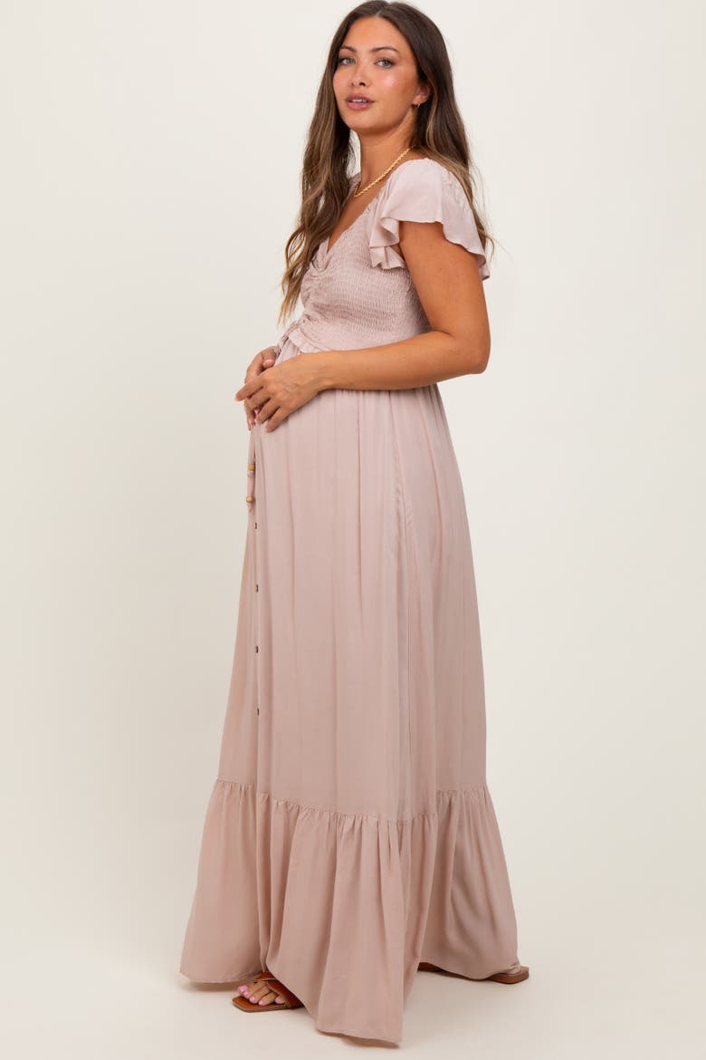 Smocked Top Woven Maxi Dress, Alternate, color, Taupe