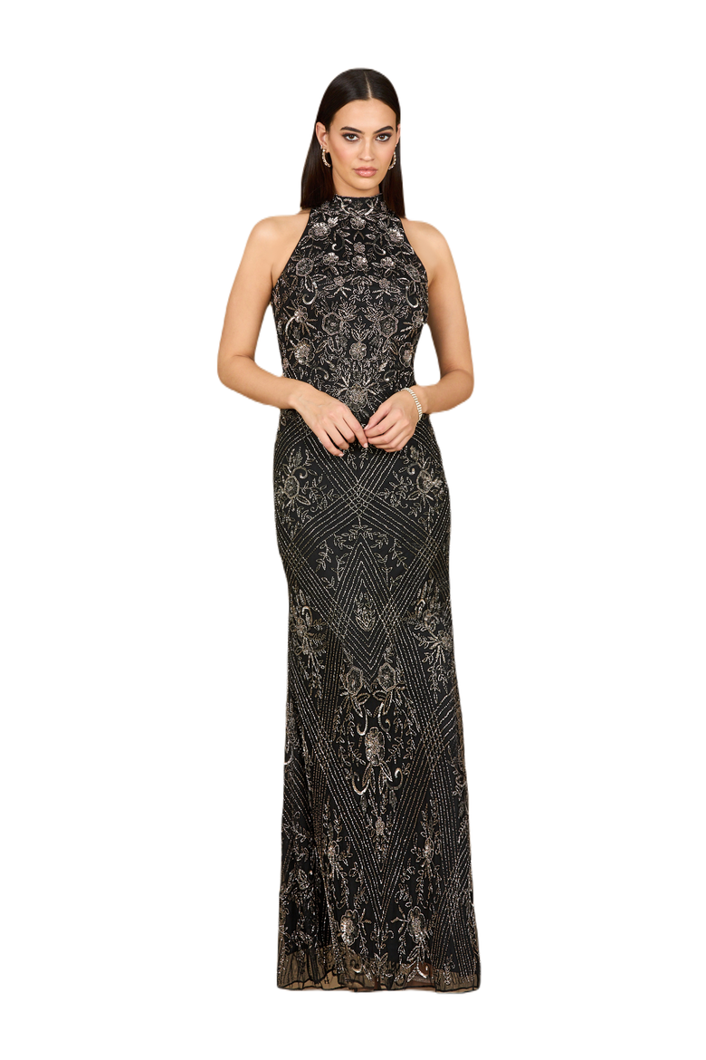 Halter Neck Beaded Dress, Main, color, Black