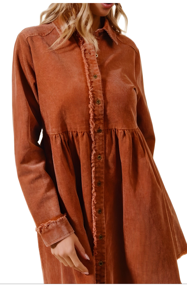Knit and Lounge Corduroy Shirt Dress with Frayed Trim and Button Front Detail, Alternate, color, 