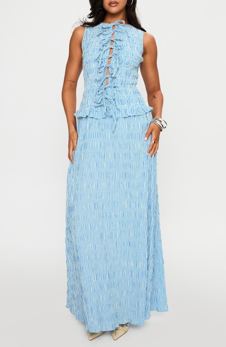 Princess Polly Songbird Shirred Stripe Cotton Blend Maxi Dress, Main, color, Blue