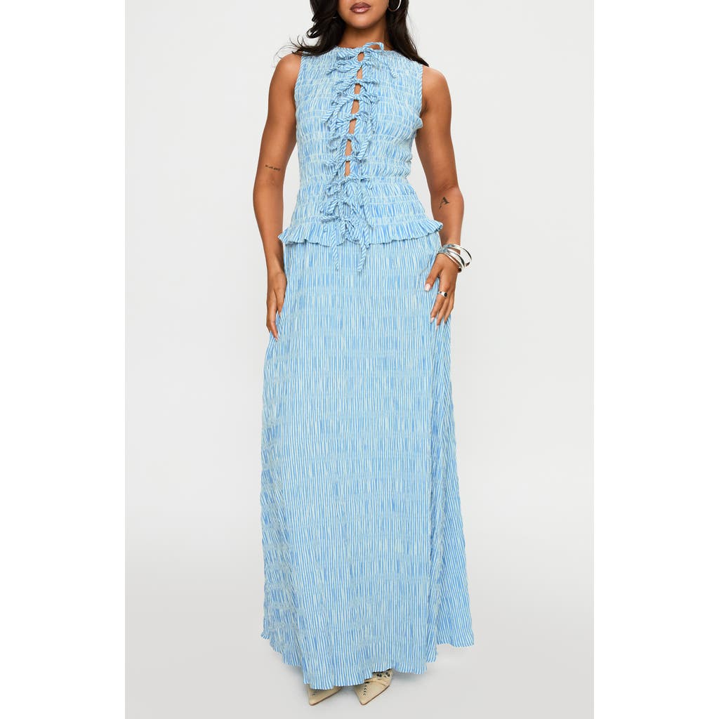 Princess Polly Songbird Shirred Stripe Cotton Blend Maxi Dress In Blue