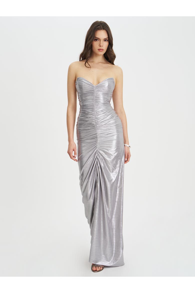 Sable Ruched Glitter Mermaid Gown, Alternate, color, Silver