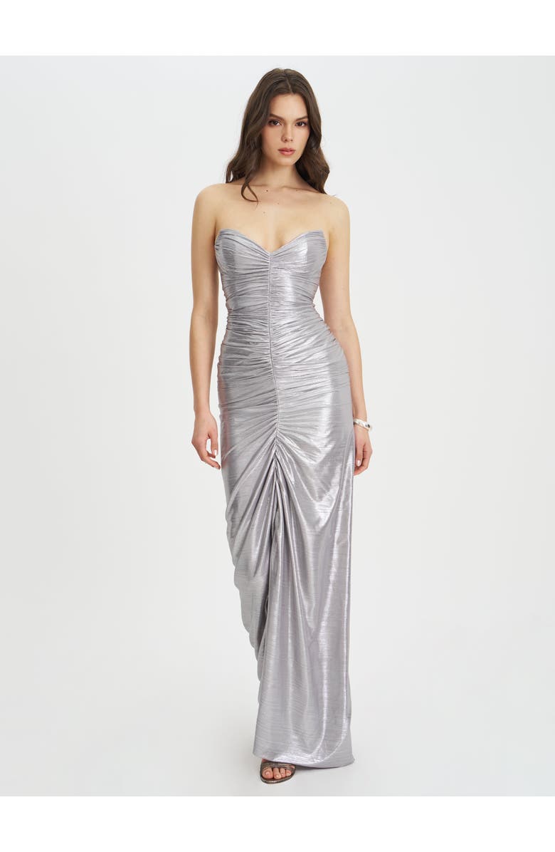 Miss Circle Sable Ruched Glitter Mermaid Gown, Alternate, color, Silver