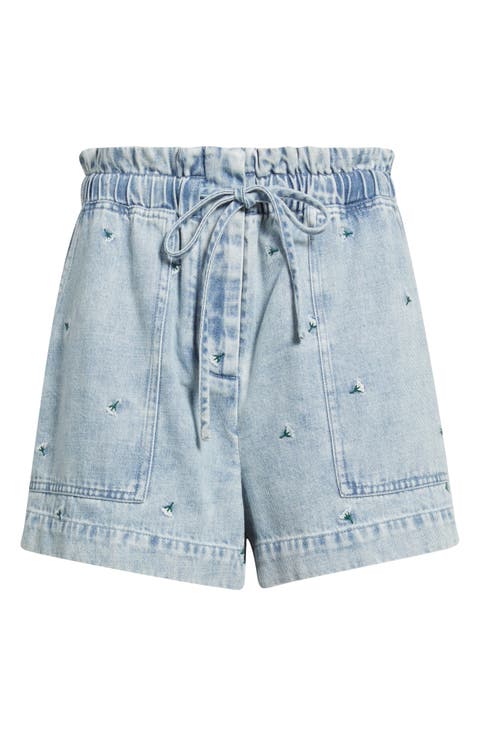 Foster Floral Embroidered Paperbag Denim Shorts
