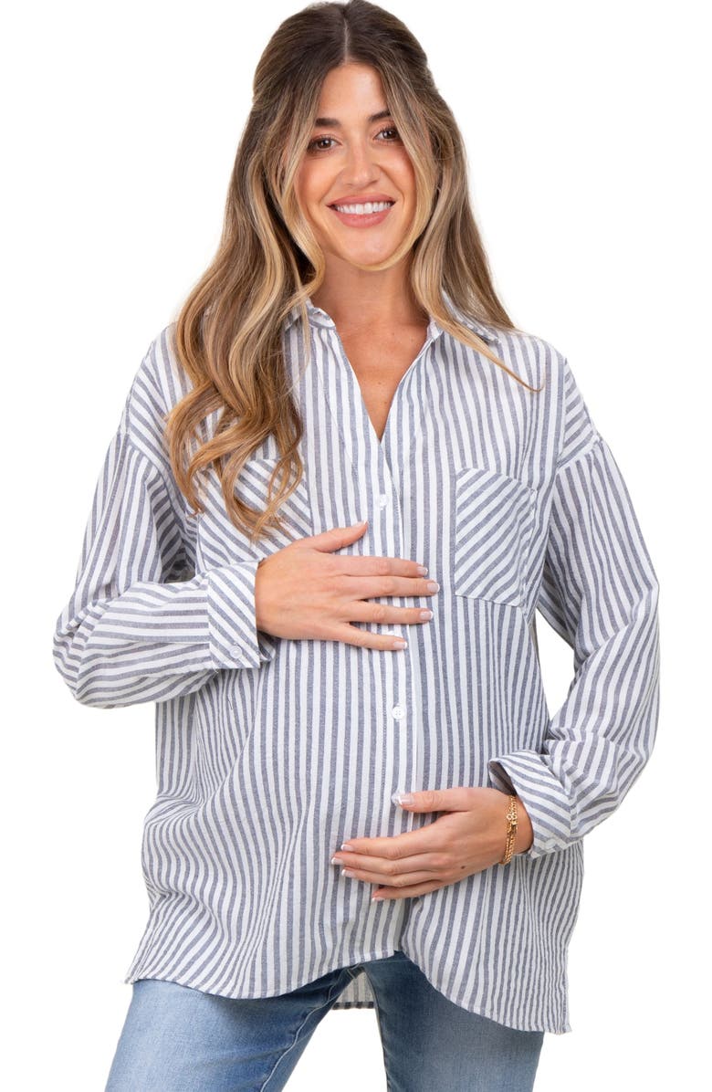 PinkBlush Striped Double Pocket Button Down Top, Alternate, color, Navy Blue