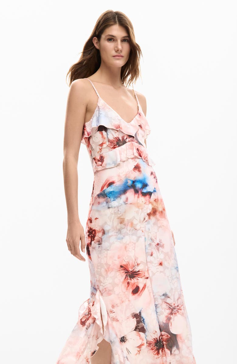 Desigual Floral Print Ruffle Dress, Alternate, color, Light Pink
