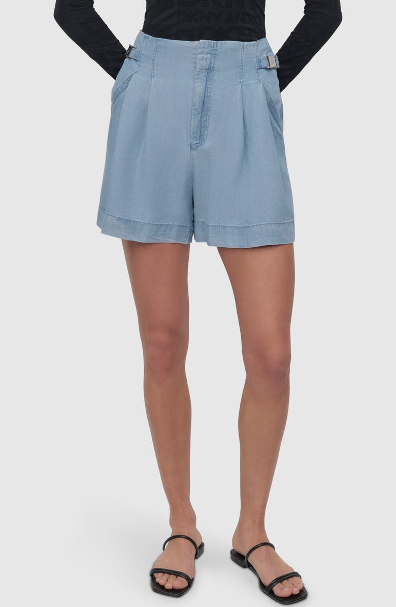 DKNY Pleated Chambray Shorts, Main, color, Light Chambray