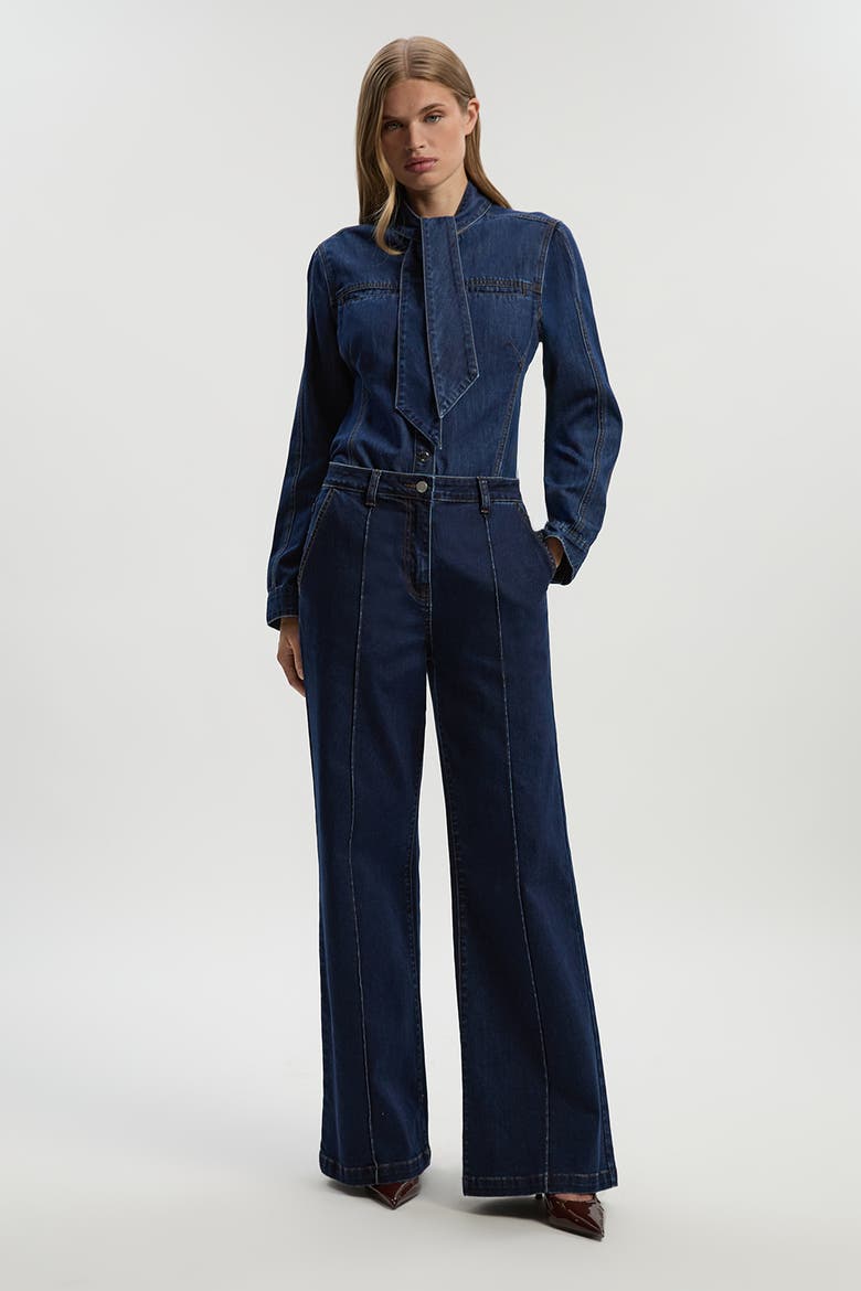 Denim Pussybow Blouse, Alternate, color, Mid Blue