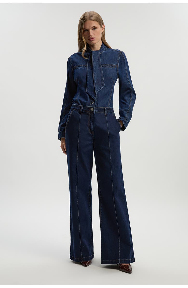 Karen Millen Denim Pussybow Blouse, Alternate, color, Mid Blue