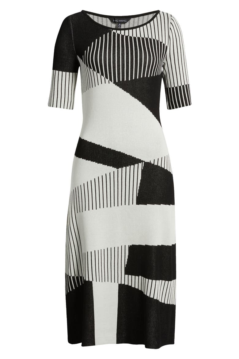 Knit Midi Dress, Alternate, color, BLACK/ IVORY