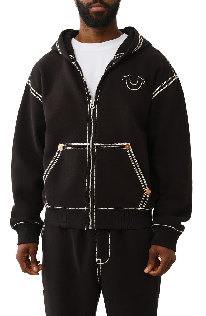 True Religion World Tour Embroidered Cotton Zip-Up Hoodie, Main, color, Jet Black