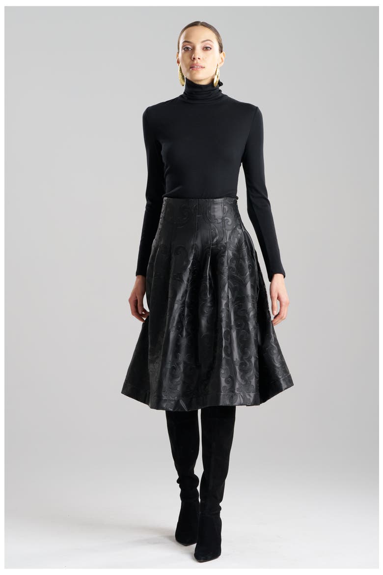 Leticia - Emb. Faux Leather Stitched Down Pleat Skirt, Main, color, BLACK