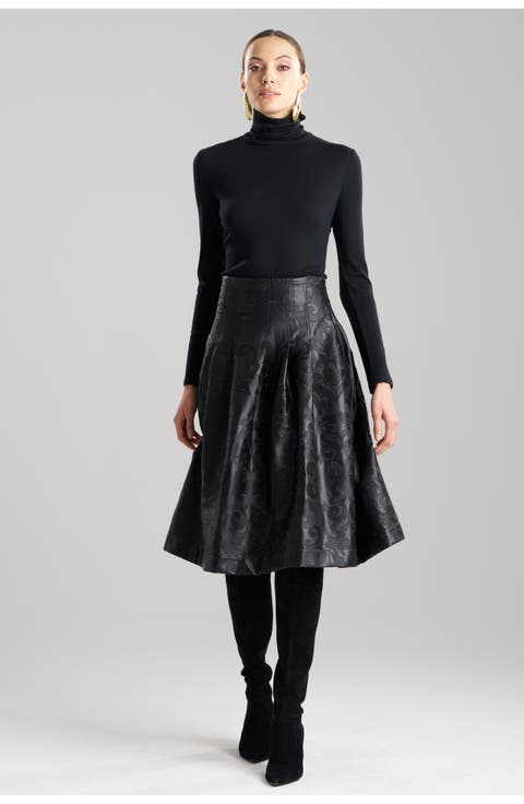 Leticia - Emb. Faux Leather Stitched Down Pleat Skirt