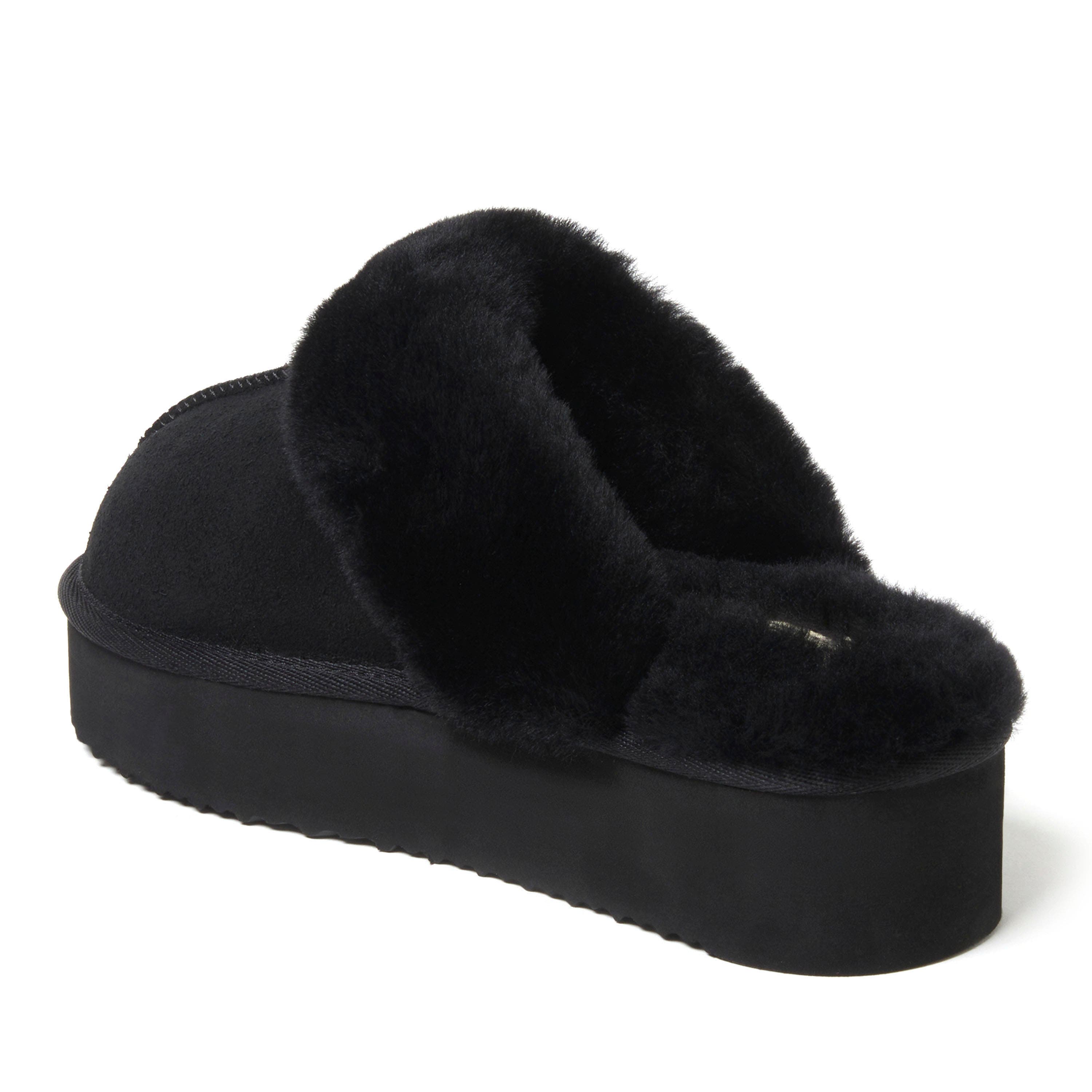 DEARFOAMS Fireside Melton Genuine Shearling Platform Scuff Slipper, Alternate, color, Black