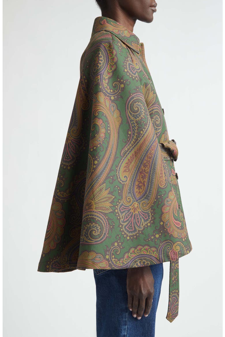 Belted Paisley Gabardine Cape, Alternate, color, GREEN