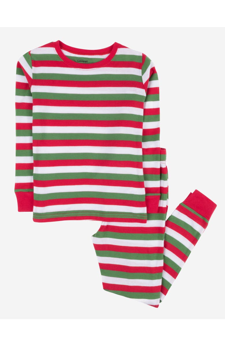Leveret Kids Two-Piece Striped Cotton Matching Family Holiday Pajamas, Main, color, Red White & Green